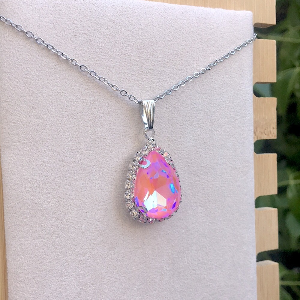 Pink Aurora Borealis + Silver Crystal Halo Pear Drop Pendant Necklace - Picture 6 of 11